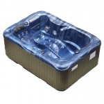 hot tub blue shell brown cabinet side view